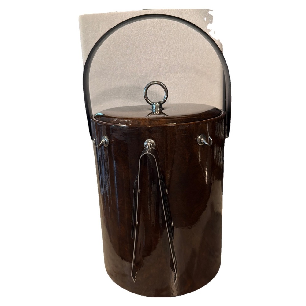 VTG Georges Briard Brown Faux Padded Tortoise Shell Ice Bucket With Tongs